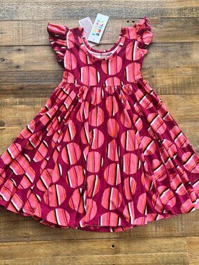 NWT Dot Dot Smile Flutter Sleeve Twirl Dress Pink Striped Circles Magenta 3/4